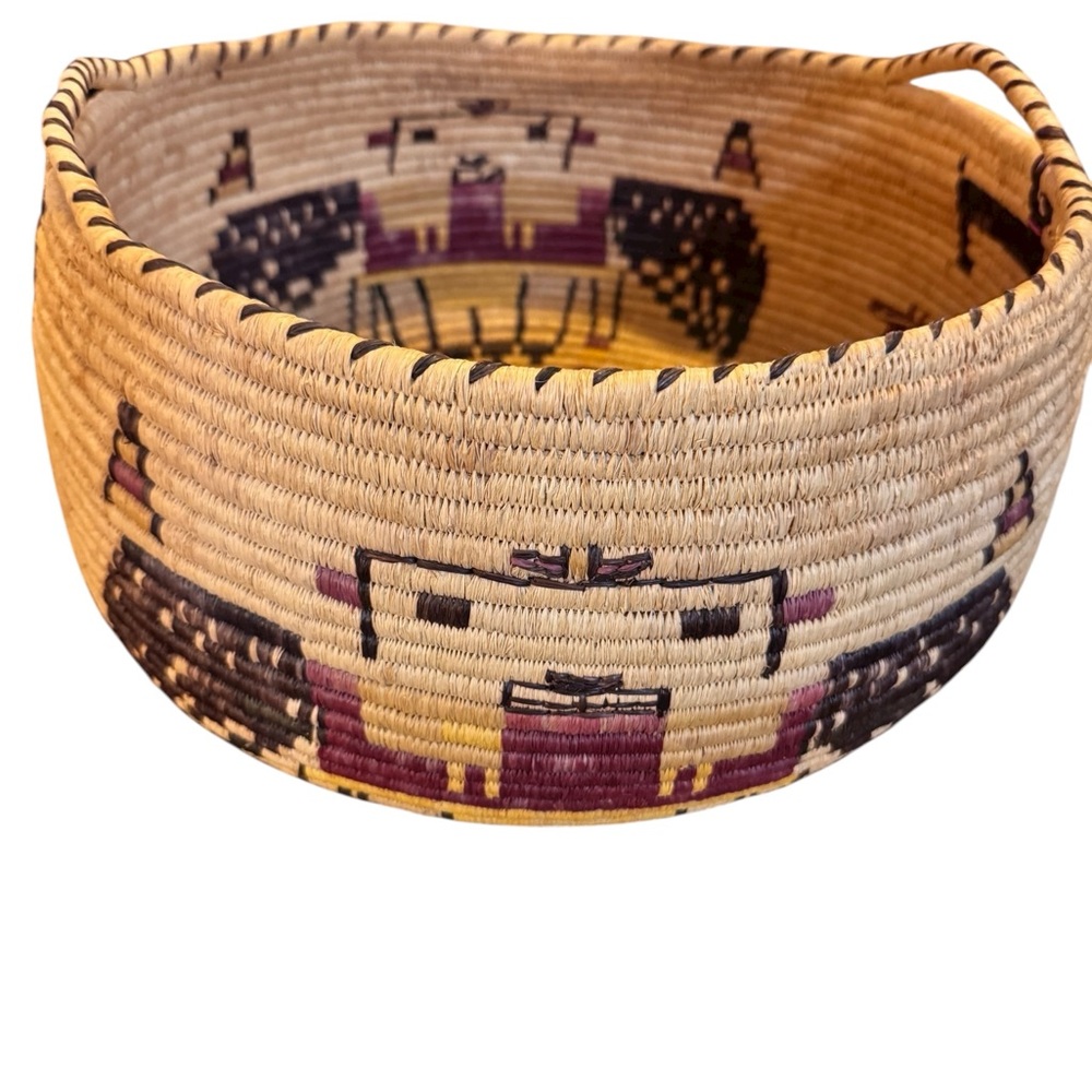 Hopi Pueblo Second Mesa Pictorial Deep Basket VTG Katsina face horses - Picture 9 of 15